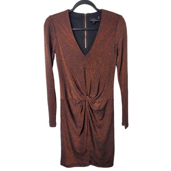 Ted Baker Women's Lizzey Metallic Copper Dress Size 4 Long Sleeve Twist Front - Picture 7 of 7